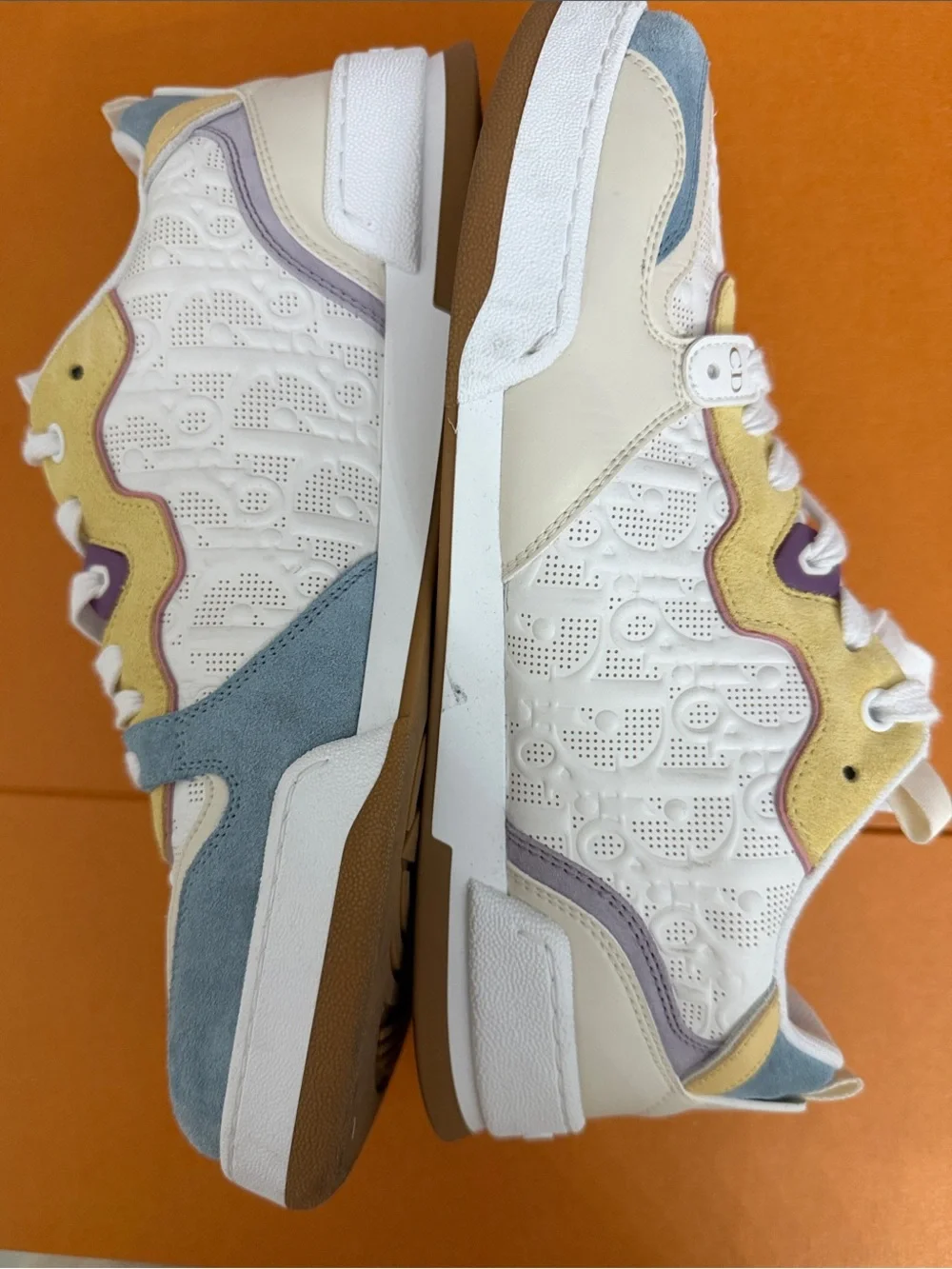 Dior Women's White Sneakers with Pastel Yellow, Blue & Purple Accents